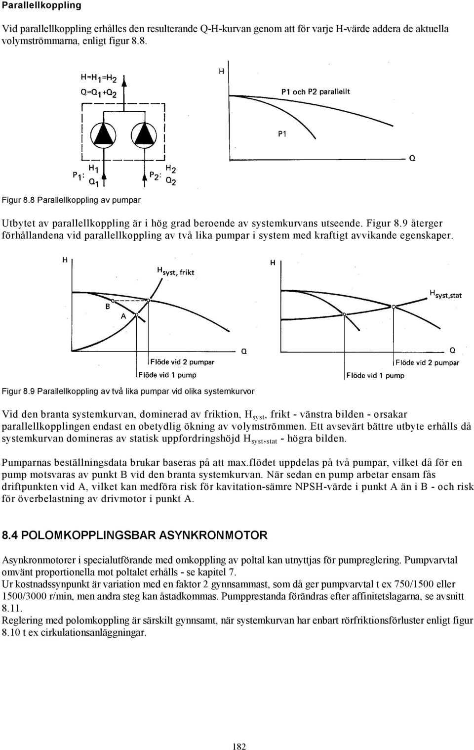 9 återger förhållandena vid parallellkoppling av två lika pumpar i system med kraftigt avvikande egenskaper. Figur 8.