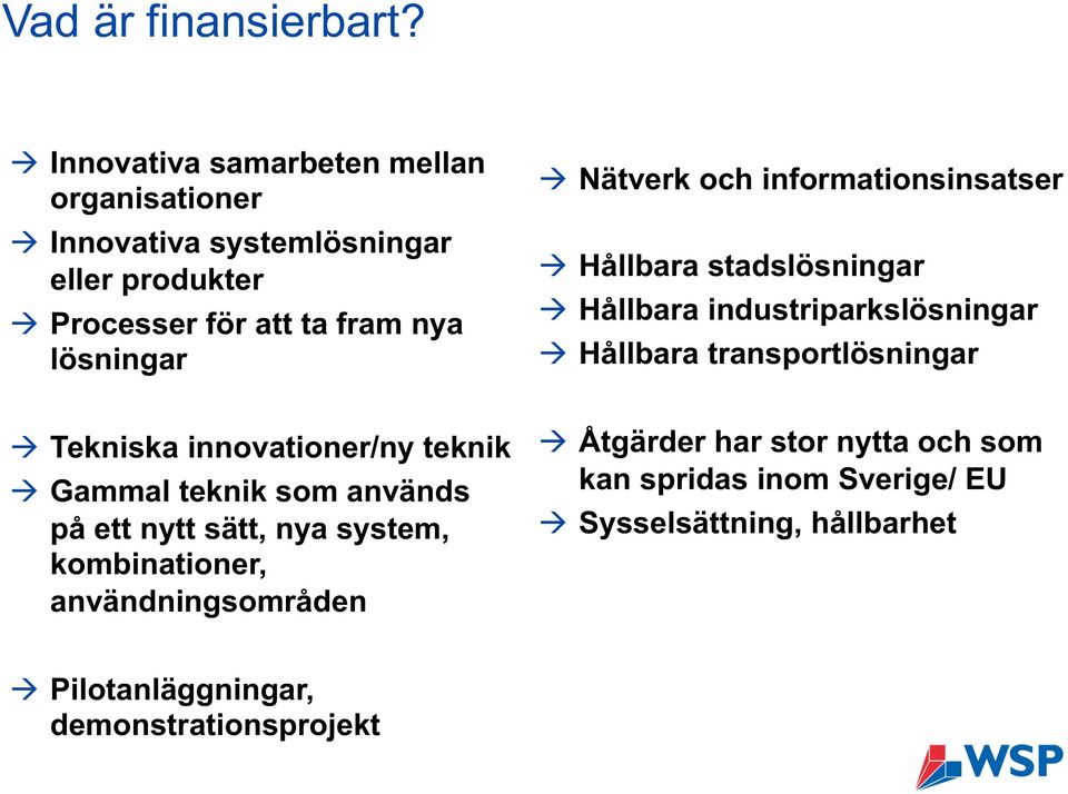 Nätverk och informationsinsatser à Hållbara stadslösningar à Hållbara industriparkslösningar à Hållbara transportlösningar à Tekniska