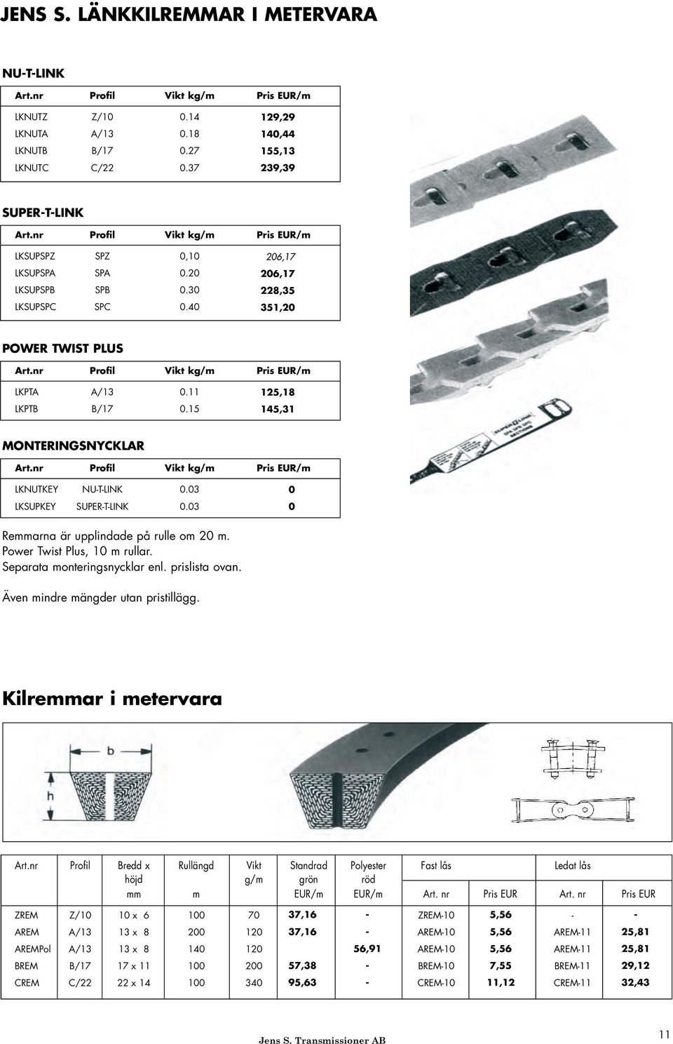 11 LKPTB B/17 0.15 125,18 145,31 MONTERINGSNYCKLAR Art.nr Profil Vikt kg/m Pris EUR/m LKNUTKEY NUTLINK 0.03 LKSUPKEY SUPERTLINK 0.03 0 0 Remmarna är upplindade på rulle om 20 m.