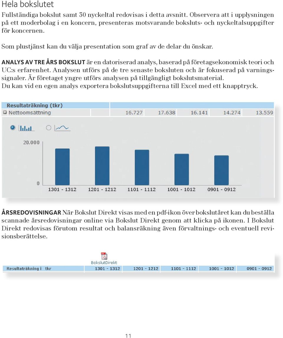 Som plustjänst kan du välja presentation som graf av de delar du önskar. ANALYS AV TRE ÅRS BOKSLUT är en datoriserad analys, baserad på företagsekonomisk teori och UC:s erfarenhet.