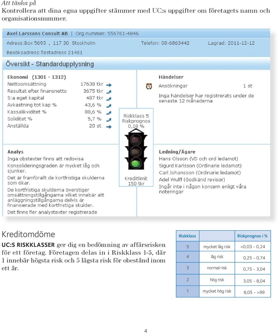 Företagen delas in i Riskklass 1-5, där 1 innebär högsta risk och 5 lägsta risk för obestånd inom ett år.