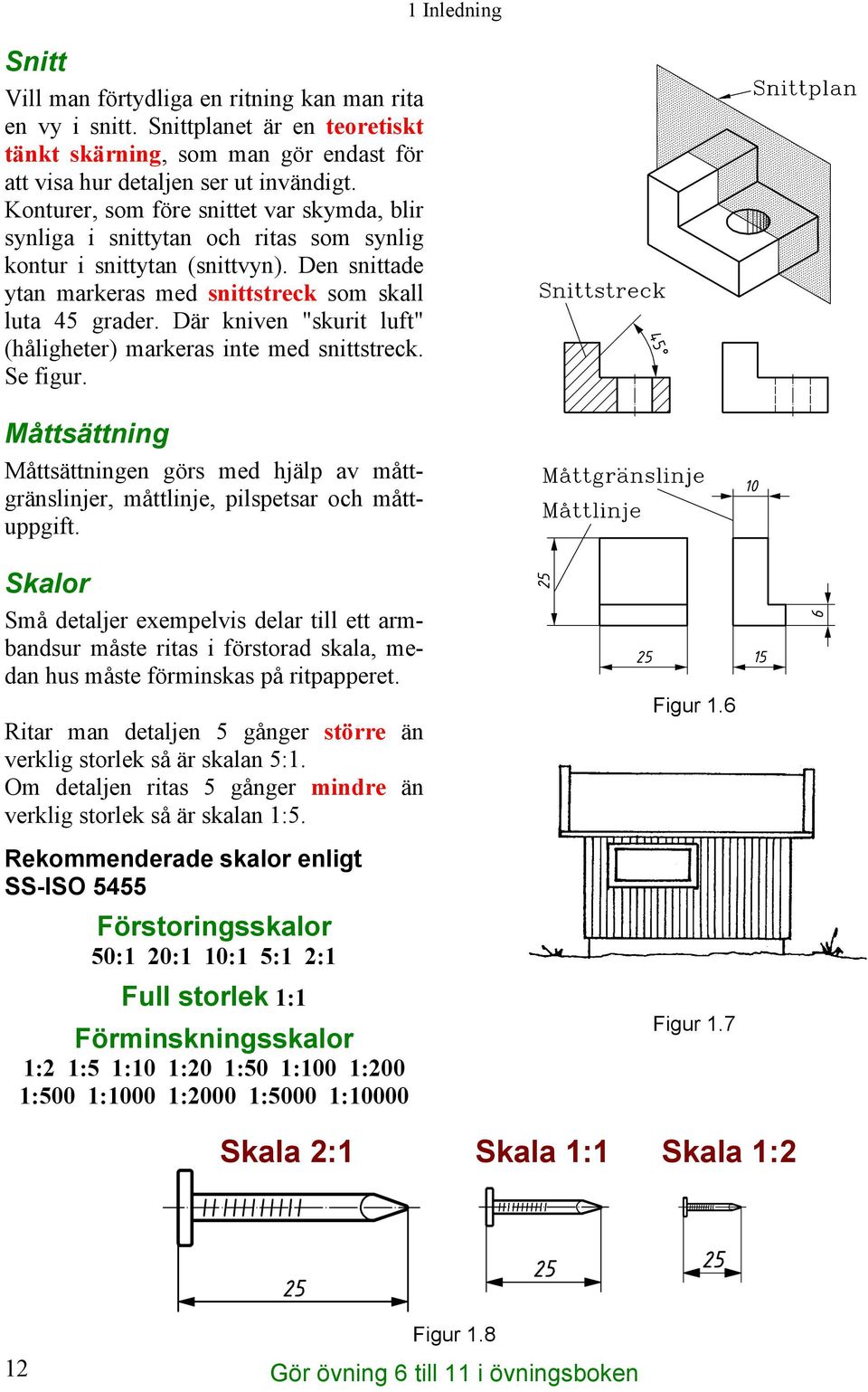 Där kniven "skurit luft" (håligheter) markeras inte med snittstreck. Se figur. Måttsättning Måttsättningen görs med hjälp av måttgränslinjer, måttlinje, pilspetsar och måttuppgift.