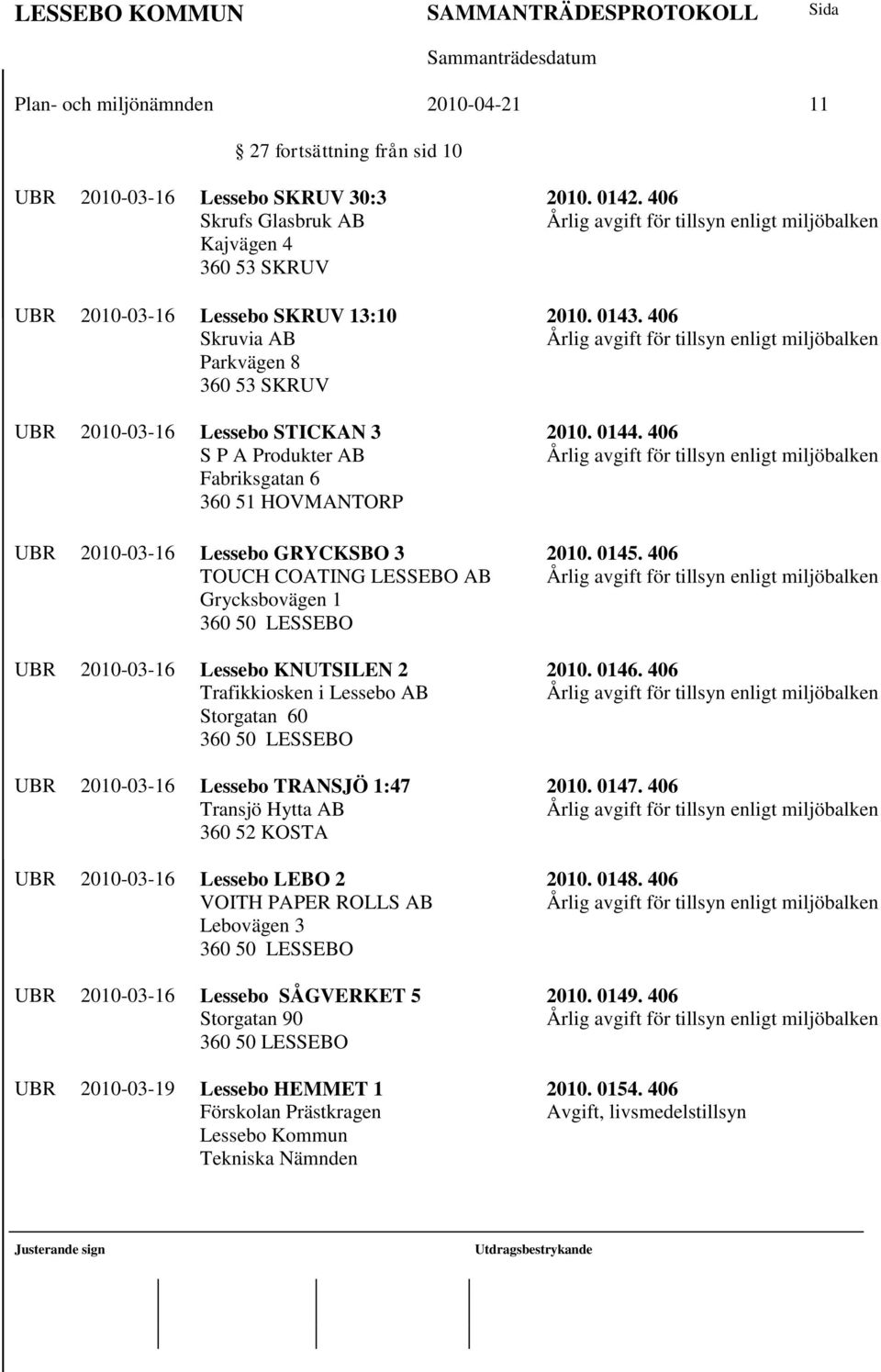 2010-03-16 Lessebo KNUTSILEN 2 Trafikkiosken i Lessebo AB Storgatan 60 360 50 LESSEBO UBR 2010-03-16 Lessebo TRANSJÖ 1:47 Transjö Hytta AB 360 52 KOSTA UBR 2010-03-16 Lessebo LEBO 2 VOITH PAPER ROLLS