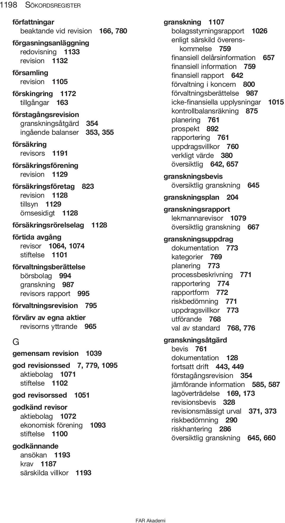 1128 förtida avgång revisor 1064, 1074 stiftelse 1101 förvaltningsberättelse börsbolag 994 granskning 987 revisors rapport 995 förvaltningsrevision 795 förvärv av egna aktier revisorns yttrande 965 G