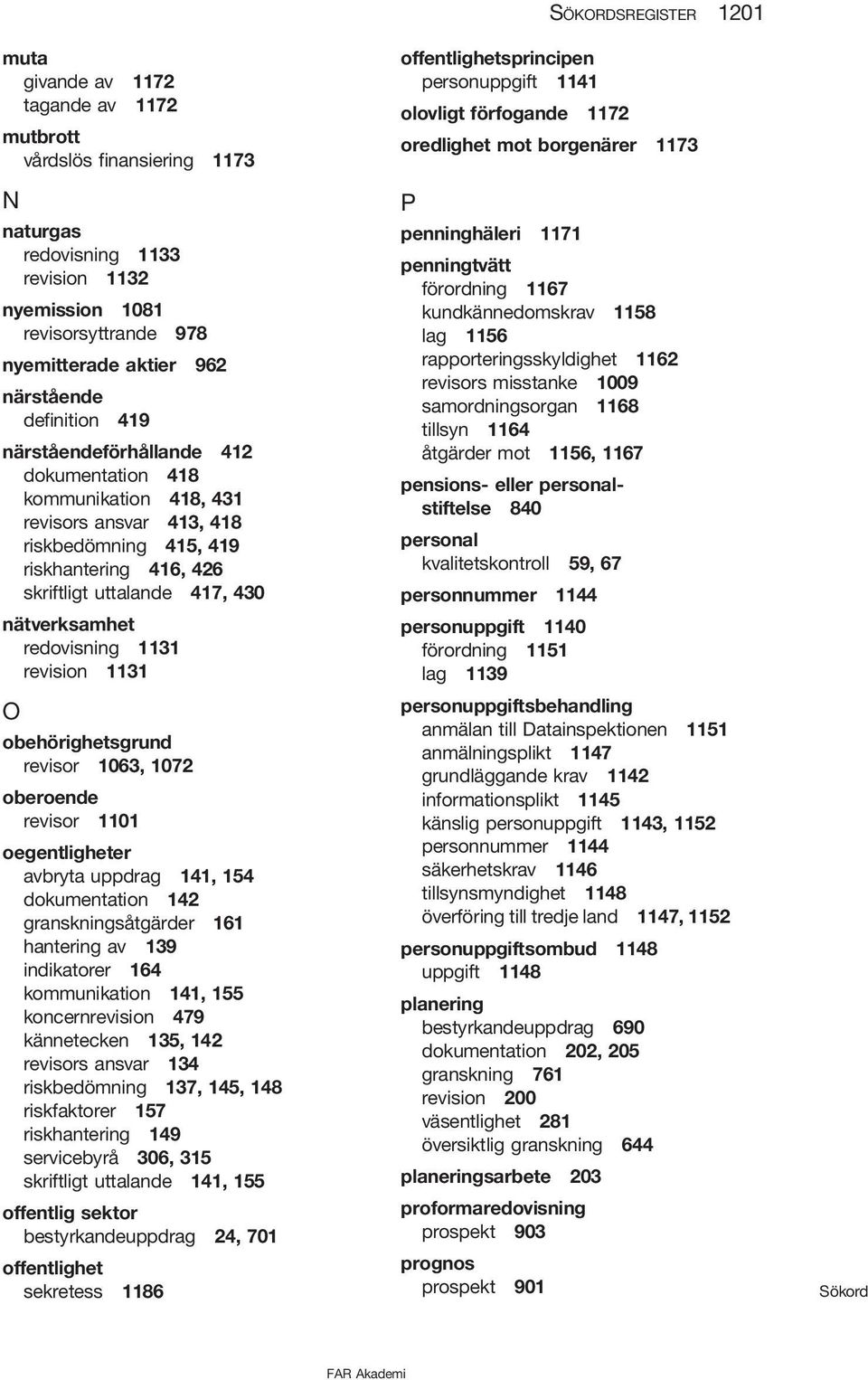 nätverksamhet redovisning 1131 revision 1131 O obehörighetsgrund revisor 1063, 1072 oberoende revisor 1101 oegentligheter avbryta uppdrag 141, 154 dokumentation 142 granskningsåtgärder 161 hantering