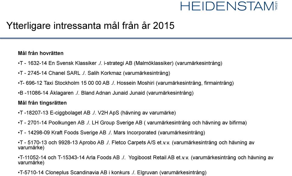 /. LH Group Sverige AB ( varumärkesintrång och hävning av bifirma) T - 14298-09 Kraft Foods Sverige AB./. Mars Incorporated (varumärkesintrång) T - 5170-13 och 9928-13 Aprobo AB./. Fletco Carpets A/S et.