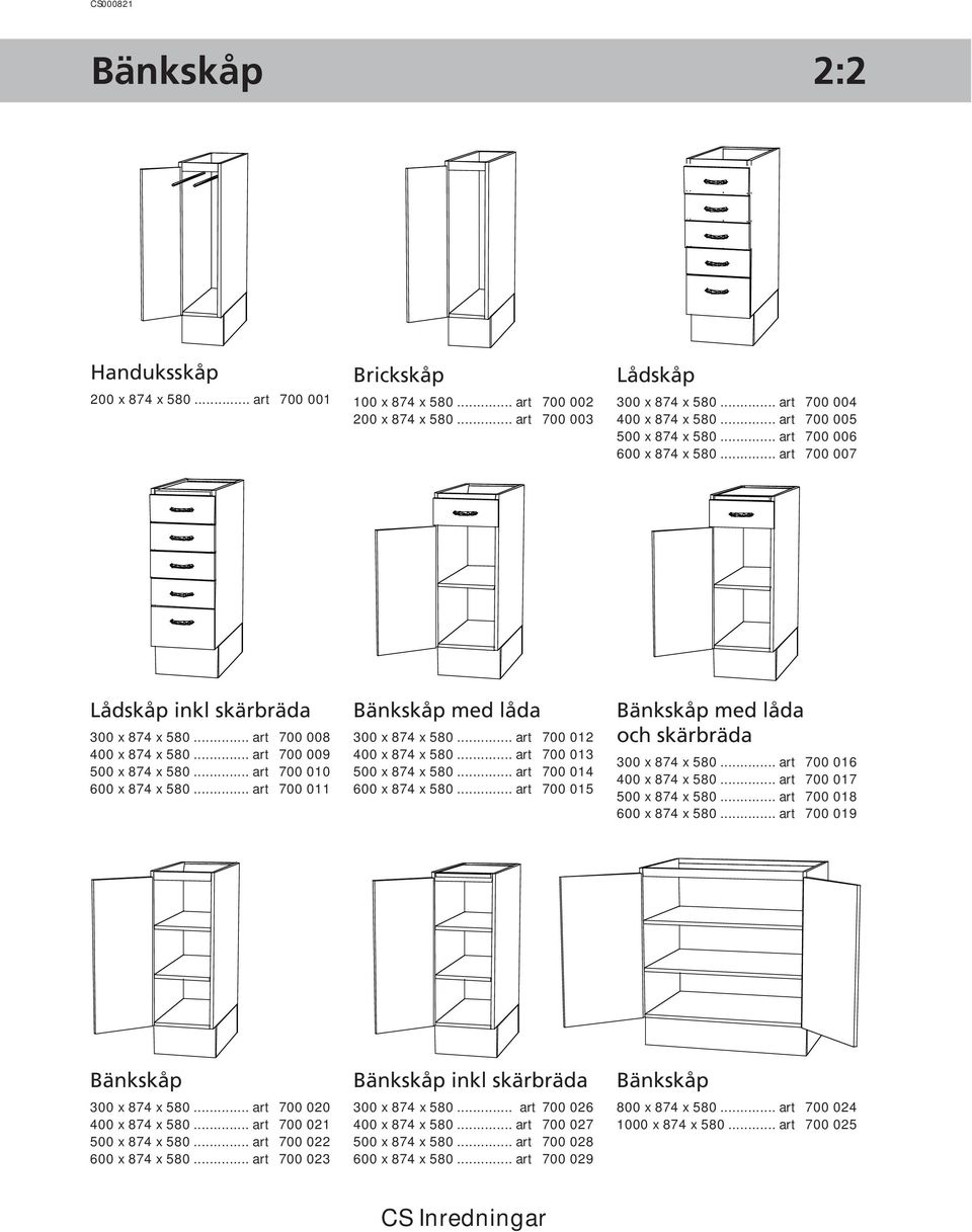 .. art 700 010 600 x 874 x 580... art 700 011 Bänkskåp med låda 300 x 874 x 580... art 700 012 400 x 874 x 580... art 700 013 500 x 874 x 580... art 700 014 600 x 874 x 580.