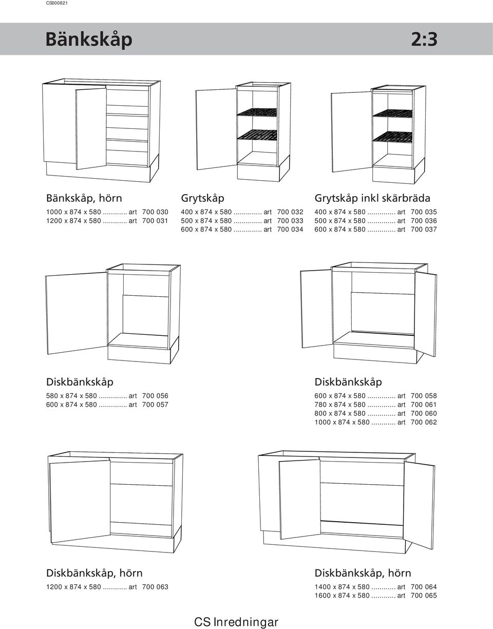 .. art 700 037 Diskbänkskåp 580 x 874 x 580... art 700 056 600 x 874 x 580... art 700 057 Diskbänkskåp 600 x 874 x 580... art 700 058 780 x 874 x 580.