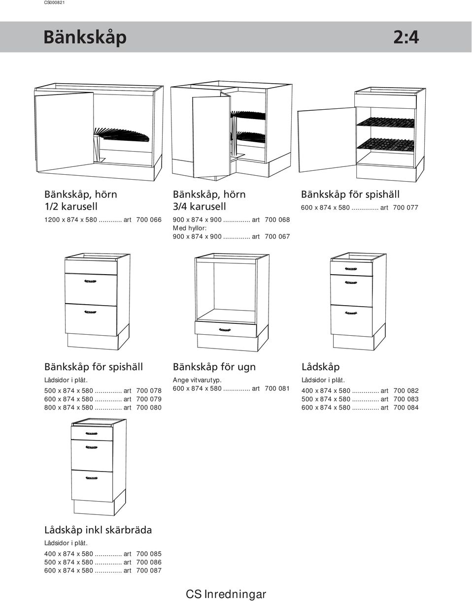.. art 700 079 800 x 874 x 580... art 700 080 Bänkskåp för ugn Ange vitvarutyp. 600 x 874 x 580... art 700 081 Lådskåp Lådsidor i plåt. 400 x 874 x 580.