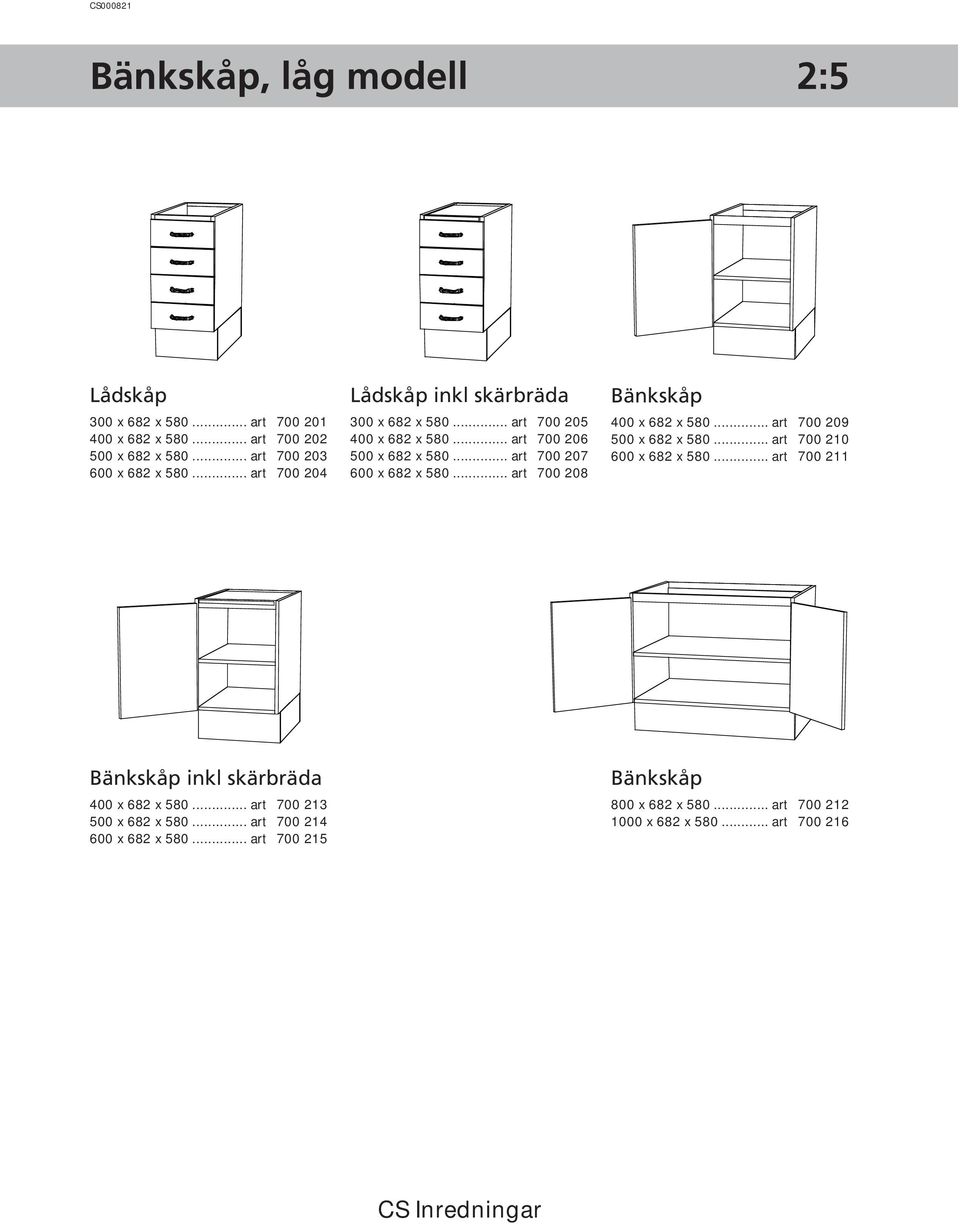 .. art 700 208 Bänkskåp 400 x 682 x 580... art 700 209 500 x 682 x 580... art 700 210 600 x 682 x 580.