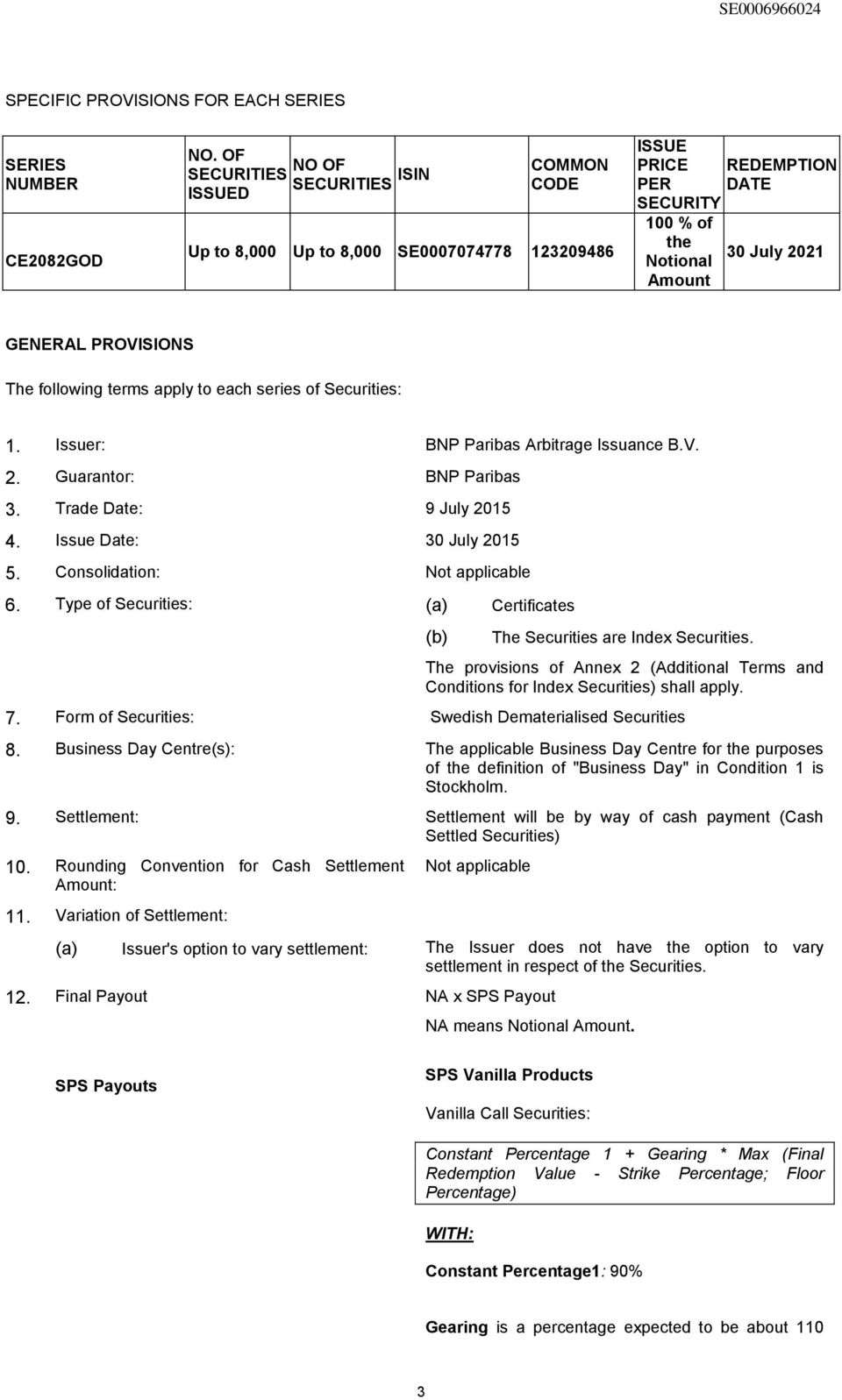 PROVISIONS The following terms apply to each series of Securities: 1. Issuer: BNP Paribas Arbitrage Issuance B.V. 2. Guarantor: BNP Paribas 3. Trade Date: 9 July 2015 4. Issue Date: 30 July 2015 5.