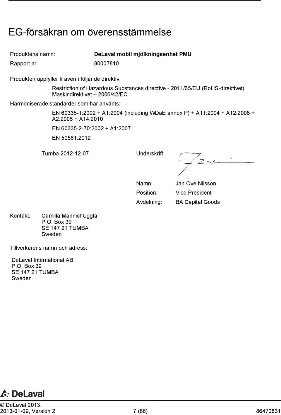 + A12:2006 + A2:2006 + A14:2010 EN 60335-2-70:2002 + A1:2007 EN 50581:2012 Tumba 2012-12-07 Underskrift: Namn: Position: Avdelning: Jan Ove Nilsson Vice President BA Capital Goods