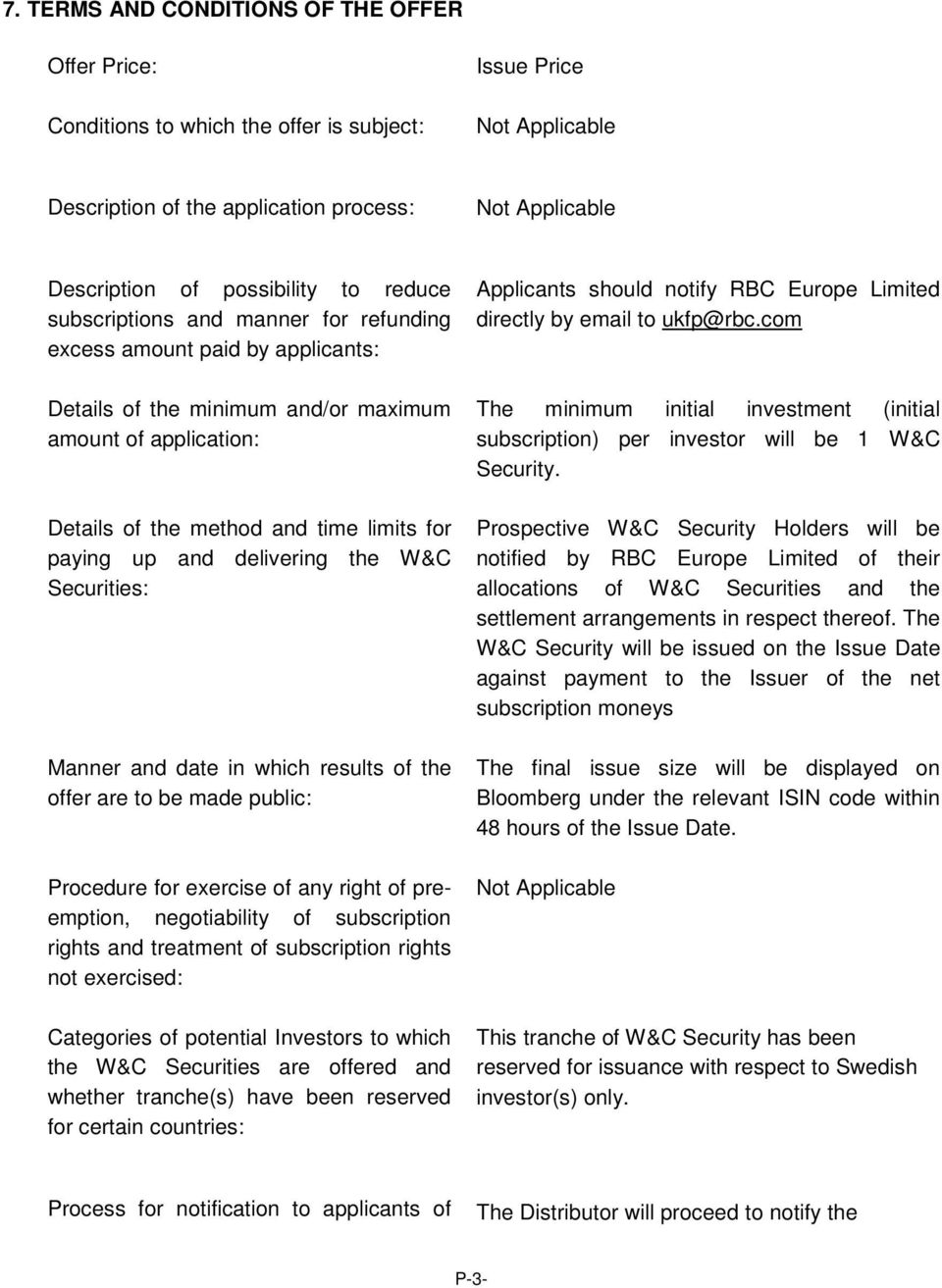 Securities: Manner and date in which results of the offer are to be made public: Procedure for exercise of any right of preemption, negotiability of subscription rights and treatment of subscription