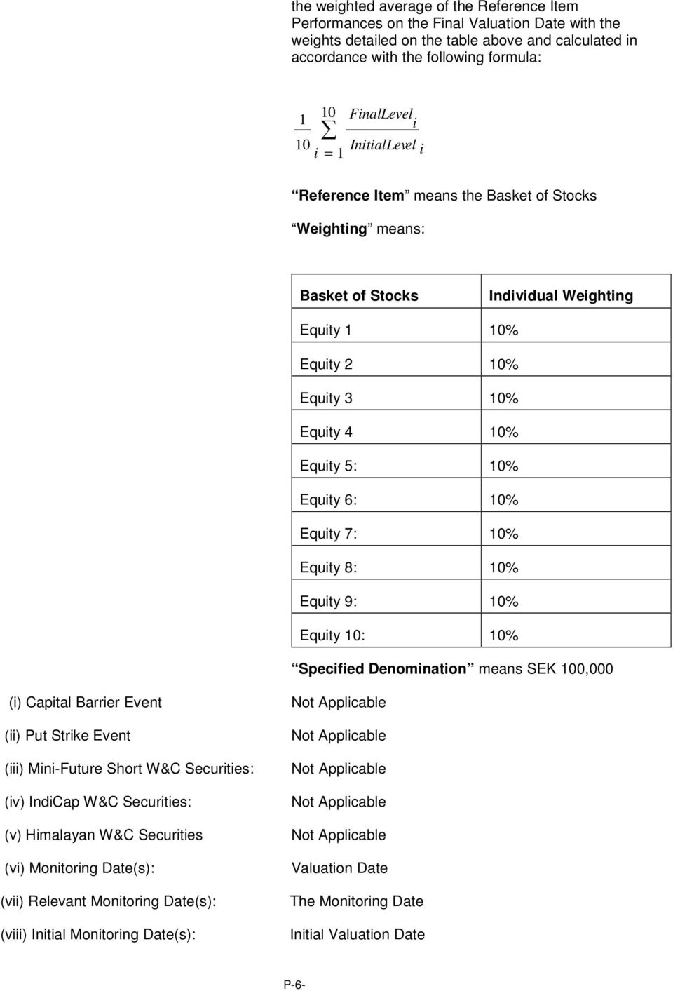 Equity 6: 10% Equity 7: 10% Equity 8: 10% Equity 9: 10% Equity 10: 10% Specified Denomination means SEK 100,000 (i) Capital Barrier Event (ii) Put Strike Event (iii) Mini-Future Short W&C Securities: