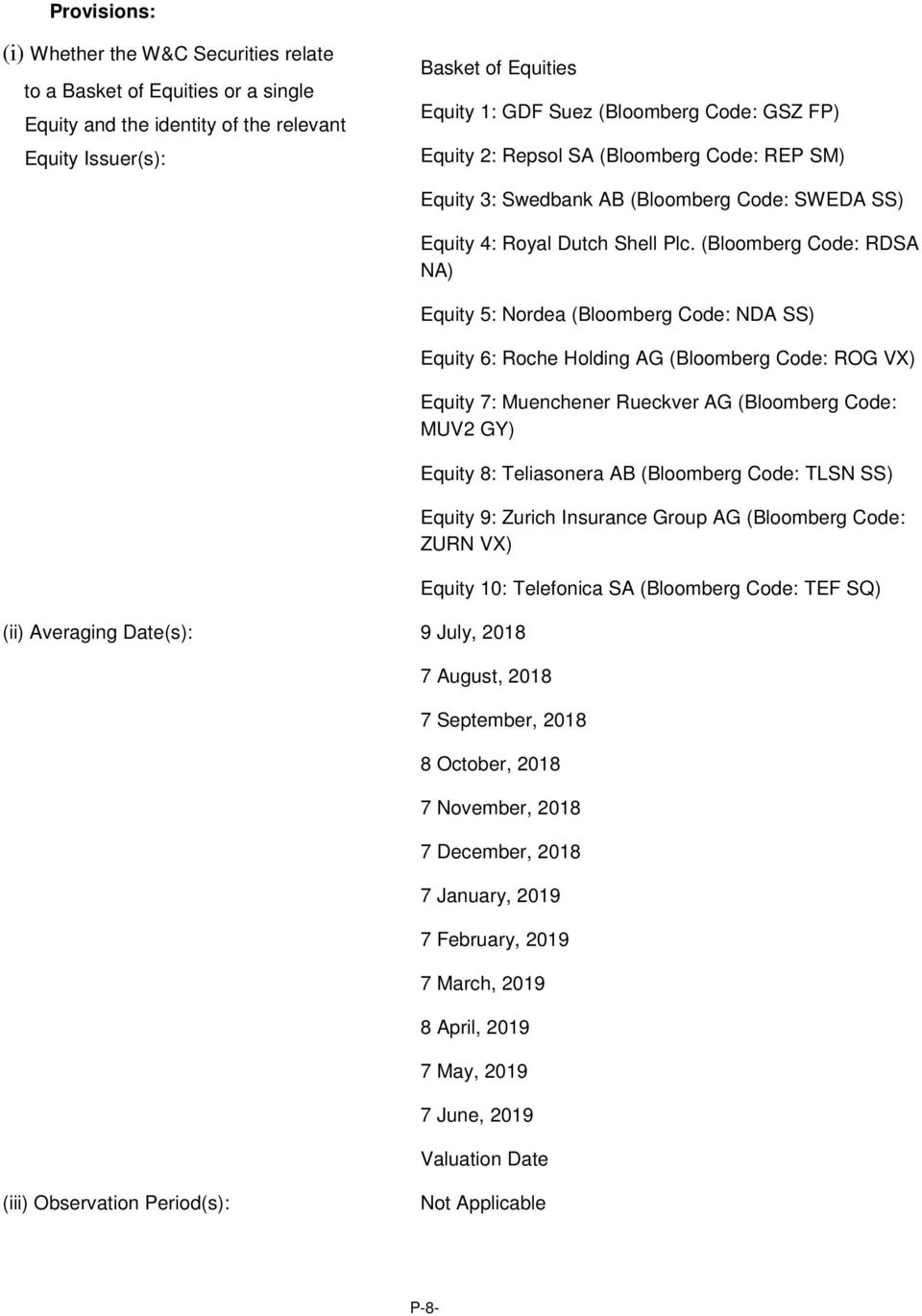 (Bloomberg Code: RDSA NA) Equity 5: Nordea (Bloomberg Code: NDA SS) Equity 6: Roche Holding AG (Bloomberg Code: ROG VX) Equity 7: Muenchener Rueckver AG (Bloomberg Code: MUV2 GY) Equity 8: