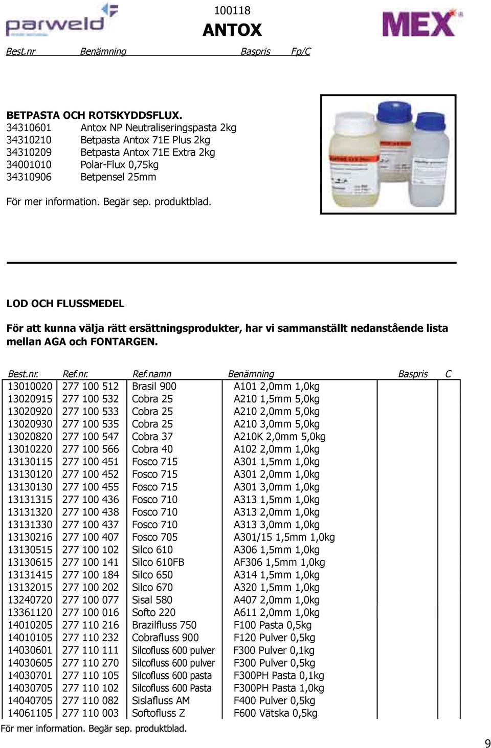 produktblad. LOD OCH FLUSSMEDEL För att kunna välja rätt ersättningsprodukter, har vi sammanställt nedanstående lista mellan AGA och FONTARGEN. Best.nr. Ref.