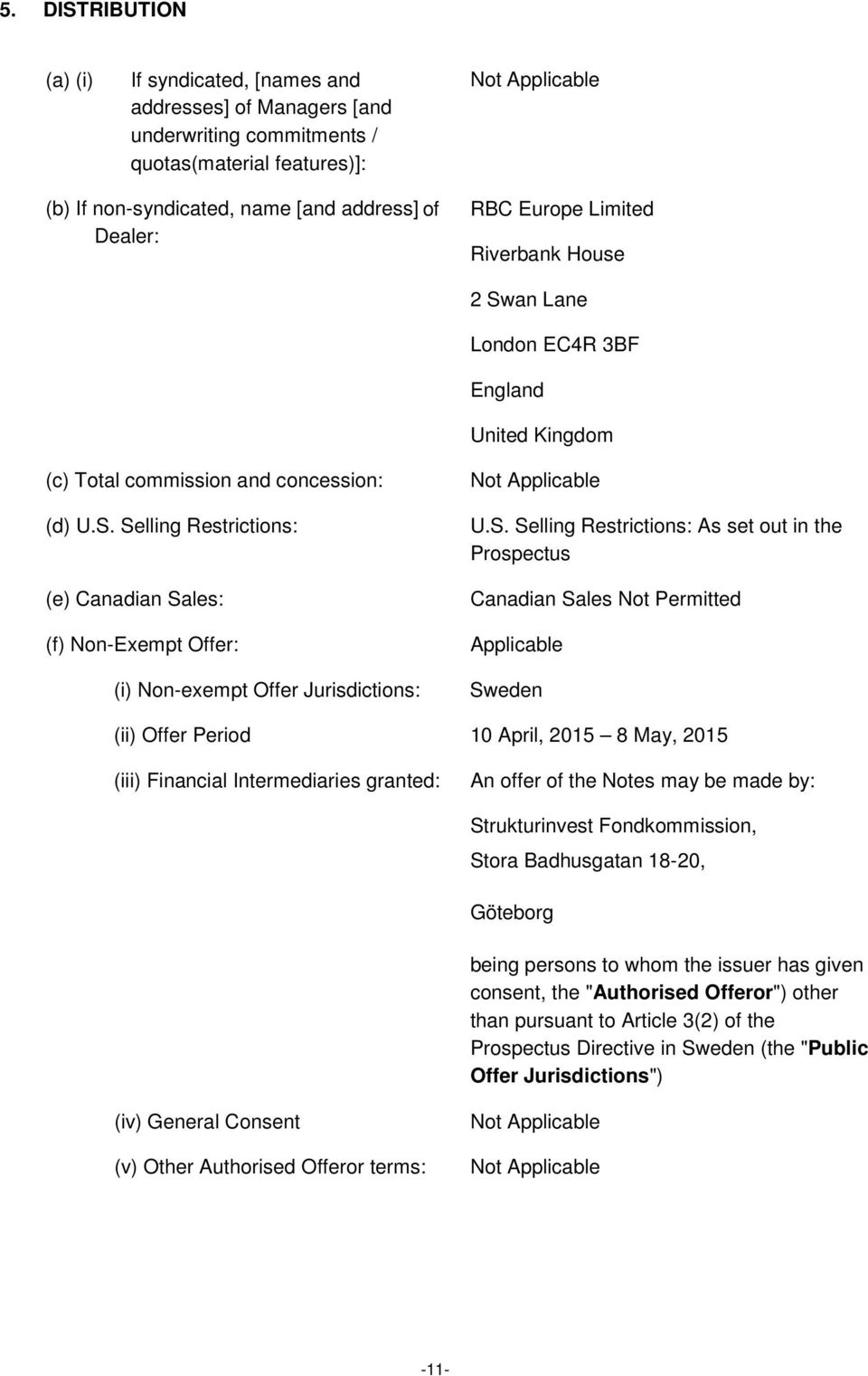 S. Selling Restrictions: As set out in the Prospectus Canadian Sales Not Permitted Applicable Sweden (ii) Offer Period 10 April, 2015 8 May, 2015 (iii) Financial Intermediaries granted: An offer of