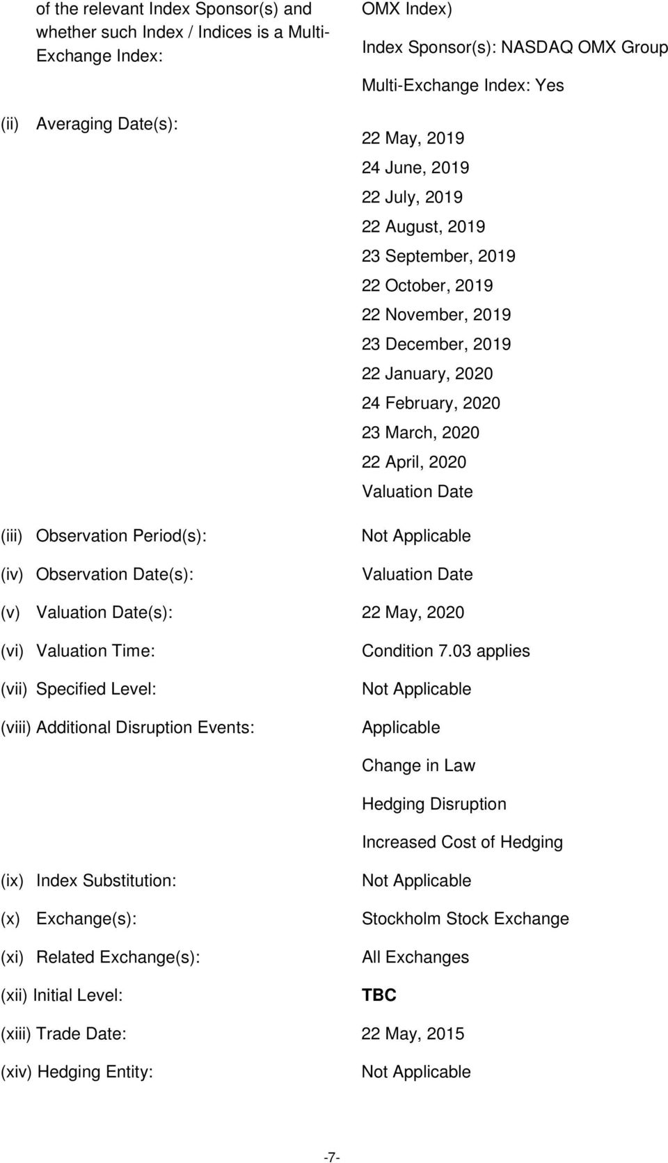 2020 24 February, 2020 23 March, 2020 22 April, 2020 Valuation Date Valuation Date (v) Valuation Date(s): 22 May, 2020 (vi) Valuation Time: (vii) Specified Level: (viii) Additional Disruption Events: