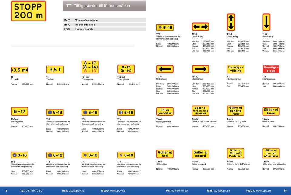 Flervägsstopp 600x200 mm 500x200 mm 500x300 mm 800x400 mm 800x400 mm 800x400 mm 800x400 mm T6-3 gul Tidsangivelse T7-2 Särskilda bestämmelser för stannande och parkering 600x200 mm T7-3 Särskilda