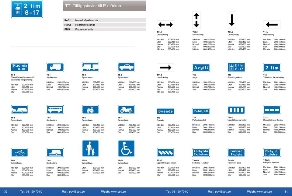 Tillåten tid för parkering T8-4 Symboltavla T8-5 Symboltavla T8-6 Symboltavla T8-7 Symboltavla T19 Boende T20 Parkeringsbiljett T21-1 Uppställning av fordon T21-2 Uppställning av fordon T8-8