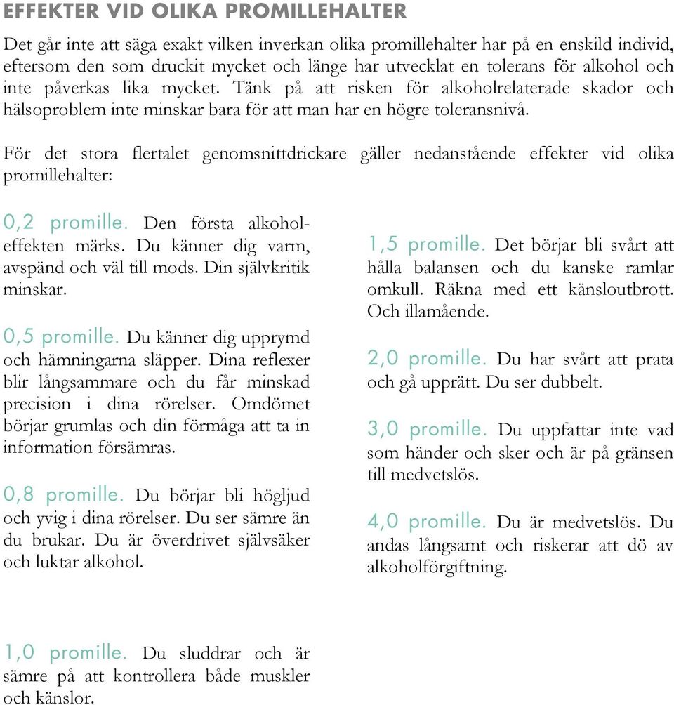 För det stora flertalet genomsnittdrickare gäller nedanstående effekter vid olika promillehalter: 0,2 promille. Den första alkoholeffekten märks. Du känner dig varm, avspänd och väl till mods.