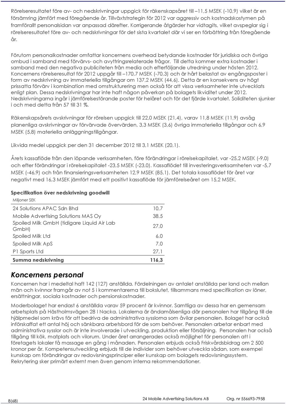 Korrigerande åtgärder har vidtagits, vilket avspeglar sig i rörelseresultatet före av- och nedskrivningar för det sista kvartalet där vi ser en förbättring från föregående år.