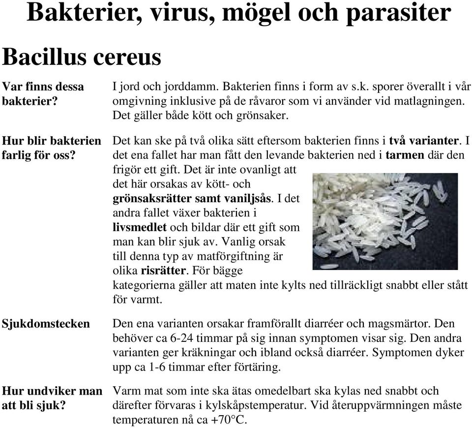 I det ena fallet har man fått den levande bakterien ned i tarmen där den frigör ett gift. Det är inte ovanligt att det här orsakas av kött- och grönsaksrätter samt vaniljsås.