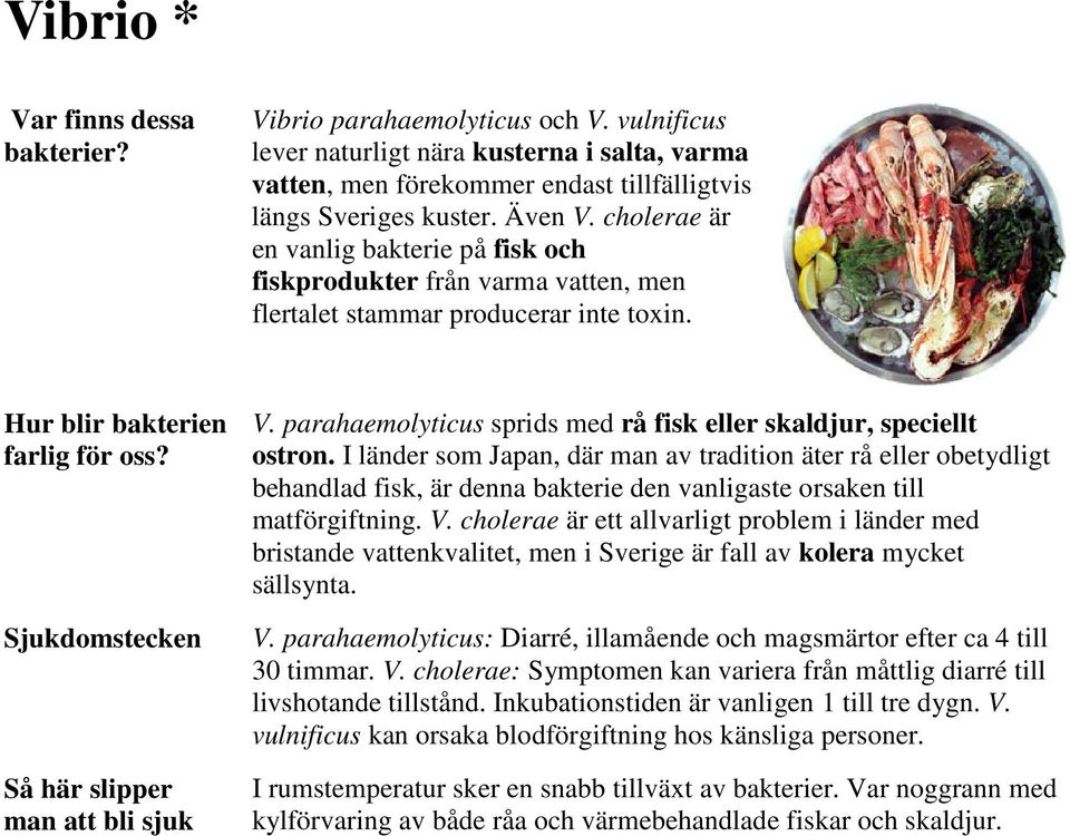 parahaemolyticus sprids med rå fisk eller skaldjur, speciellt ostron.