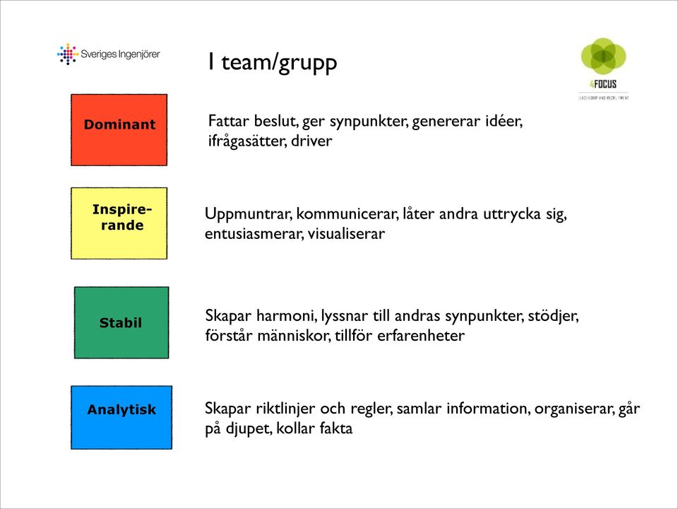 Stabil Skapar harmoni, lyssnar till andras synpunkter, stödjer, förstår människor, tillför