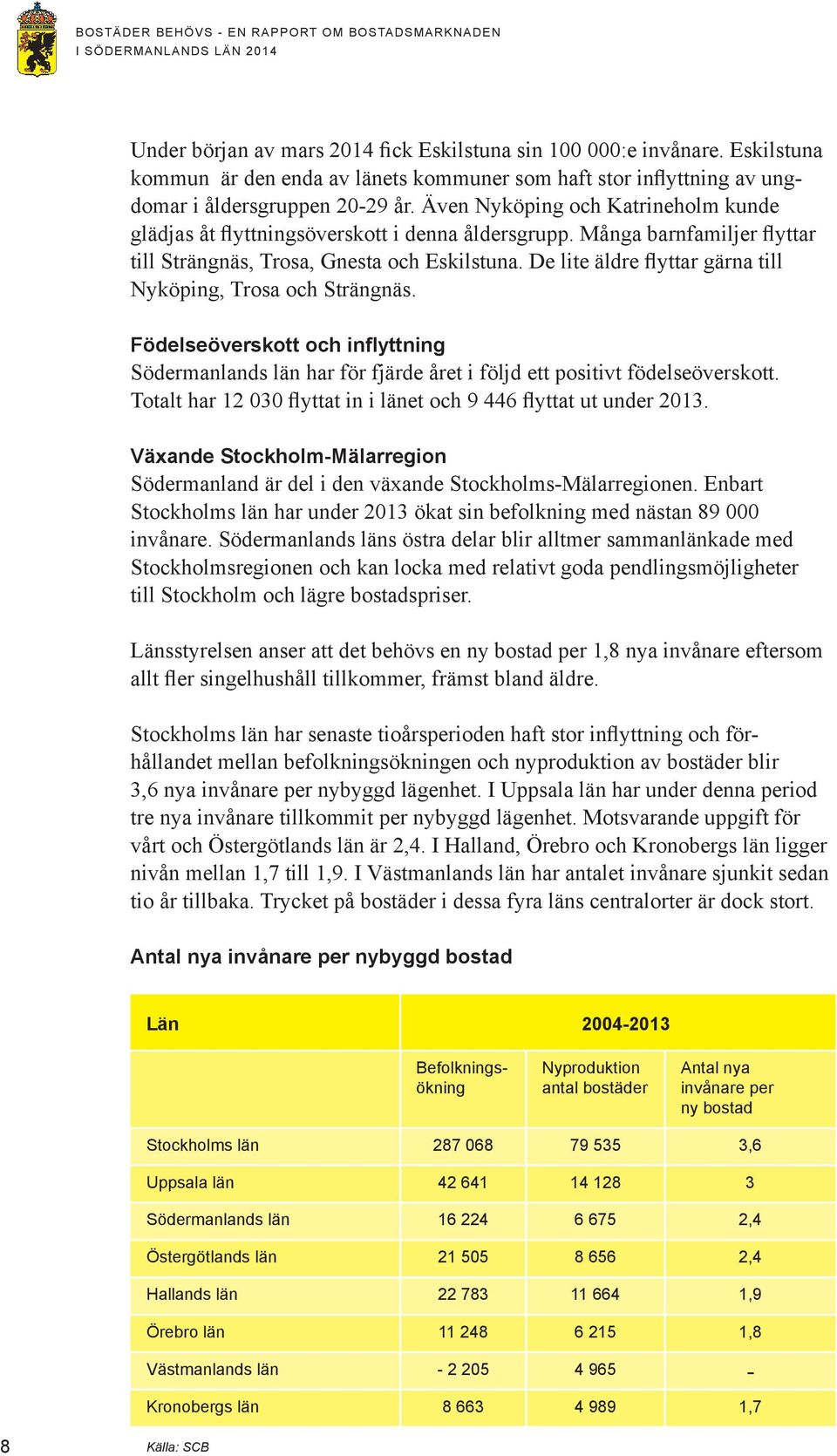 Många barnfamiljer flyttar till Strängnäs, Trosa, Gnesta och Eskilstuna. De lite äldre flyttar gärna till Nyköping, Trosa och Strängnäs.