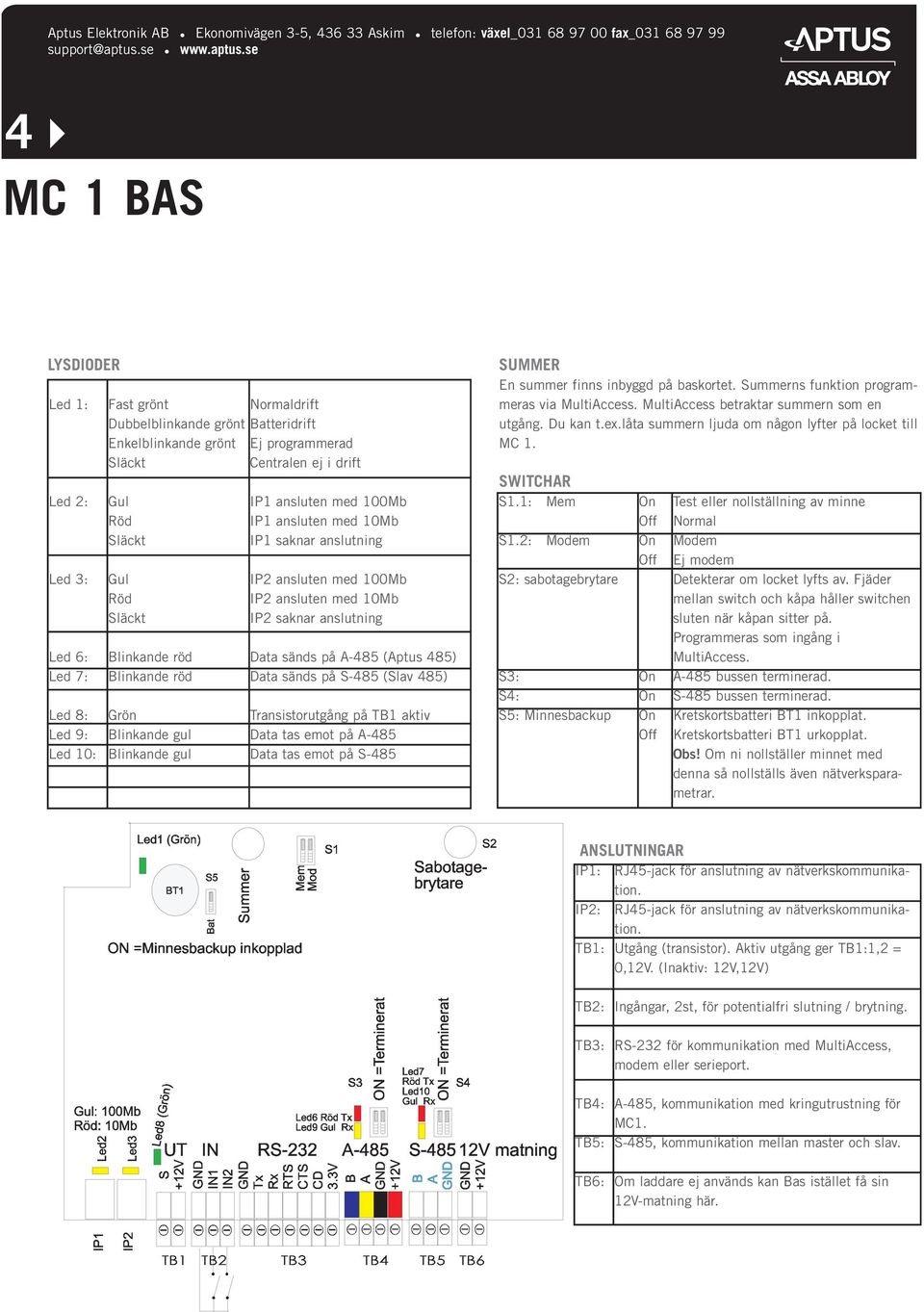 Data sänds på S-485 (Slav 485) Led 8: Grön Transistorutgång på T1 aktiv Led 9: linkande gul Data tas emot på -485 Led 10: linkande gul Data tas emot på S-485 SUMMER En summer finns inbyggd på