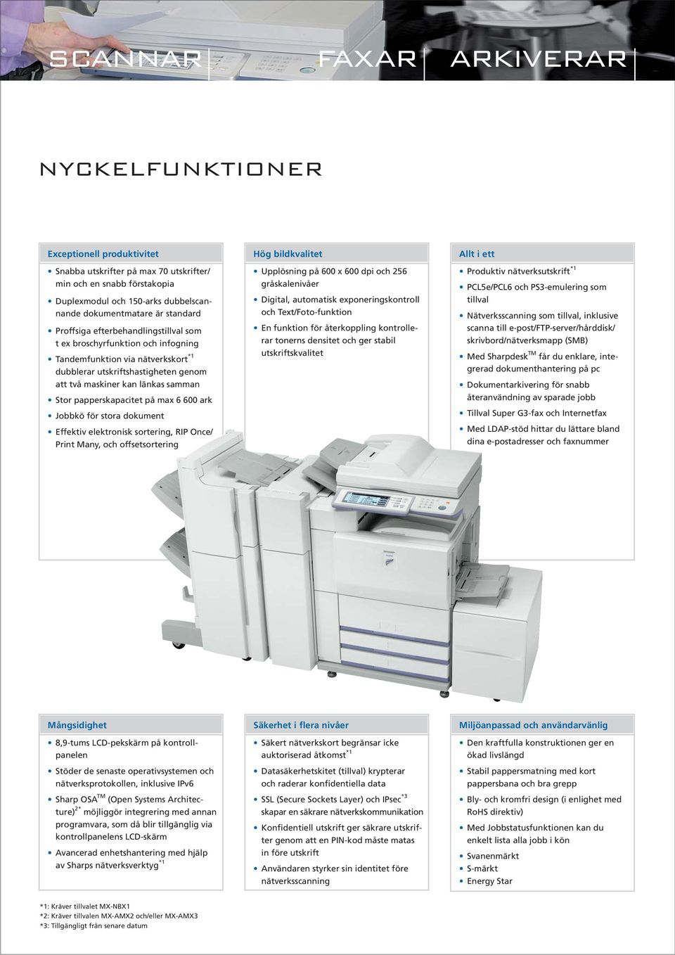 papperskapacitet på max 6 600 ark Jobbkö för stora dokument Effektiv elektronisk sortering, RIP Once/ Print Many, och offsetsortering Hög bildkvalitet Upplösning på 600 x 600 dpi och 256