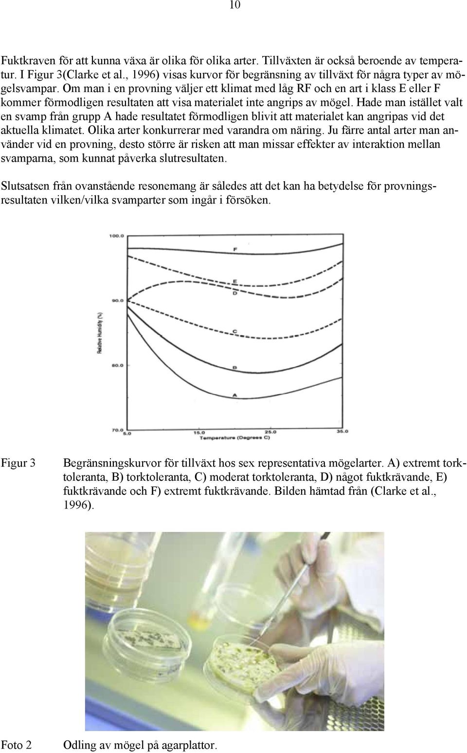 Om man i en provning väljer ett klimat med låg RF och en art i klass E eller F kommer förmodligen resultaten att visa materialet inte angrips av mögel.