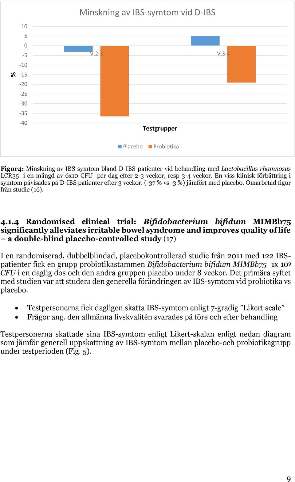 En viss klinisk förbättring i symtom påvisades på D-IBS patienter efter 3 veckor. (-37 % vs -3 %) jämfört med placebo. Omarbetad figur från studie (16