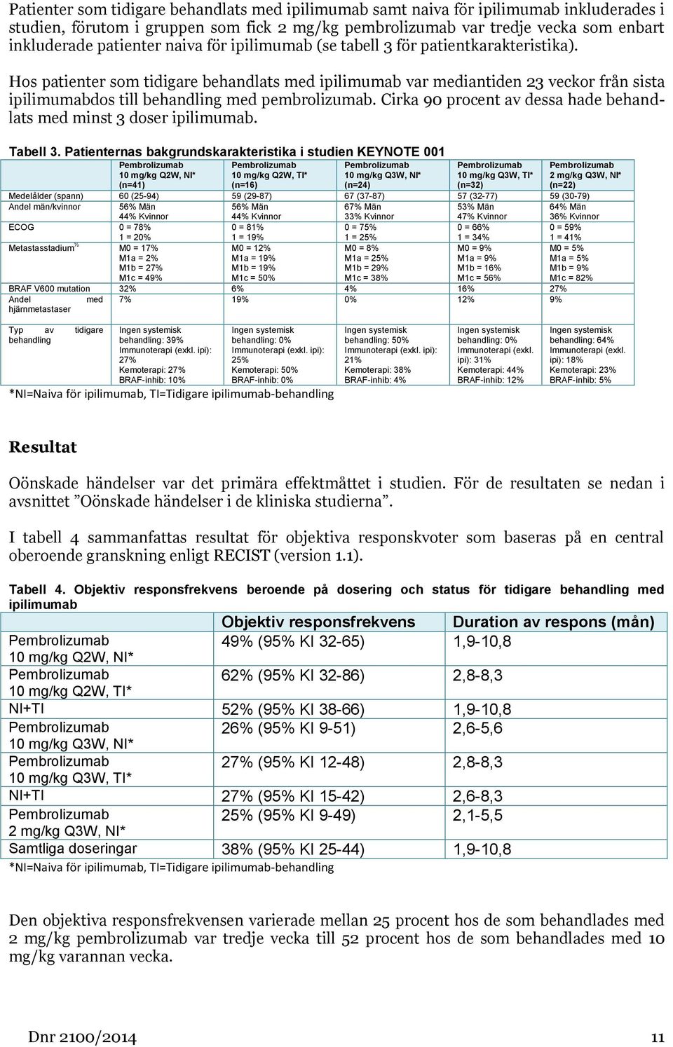 Cirka 90 procent av dessa hade behandlats med minst 3 doser ipilimumab. Tabell 3.