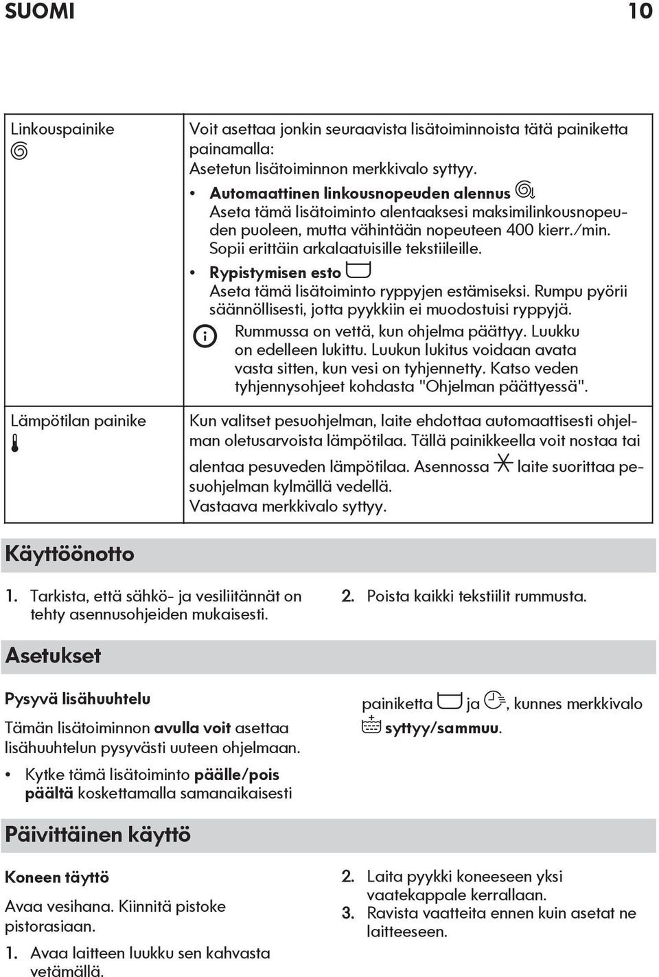 Rypistymisen esto Aseta tämä lisätoiminto ryppyjen estämiseksi. Rumpu pyörii säännöllisesti, jotta pyykkiin ei muodostuisi ryppyjä. Rummussa on vettä, kun ohjelma päättyy. Luukku on edelleen lukittu.