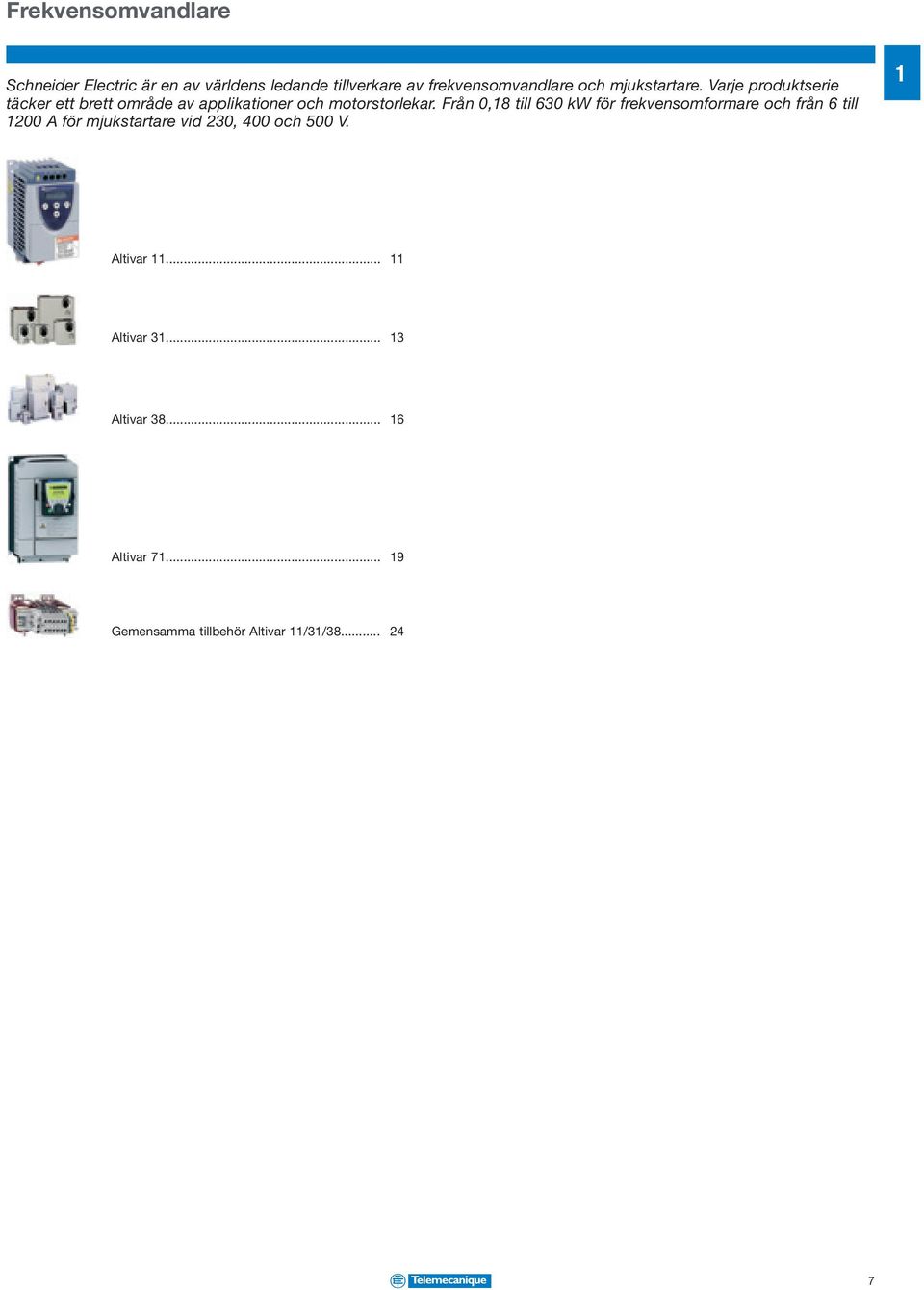 Från 0,8 till 630 kw för frekvensomformre oh från 6 till 200 A för mjukstrtre vid 230, 400