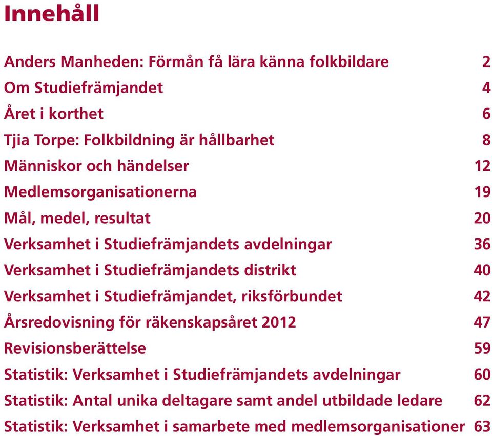 distrikt 40 Verksamhet i Studiefrämjandet, riksförbundet 42 Årsredovisning för räkenskapsåret 2012 47 Revisionsberättelse 59 Statistik: Verksamhet i