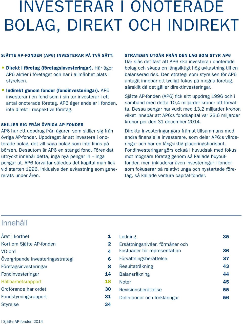 AP6 äger andelar i fonden, inte direkt i respektive företag. Skiljer sig från övriga AP-fonder AP6 har ett uppdrag från ägaren som skiljer sig från övriga AP-fonder.