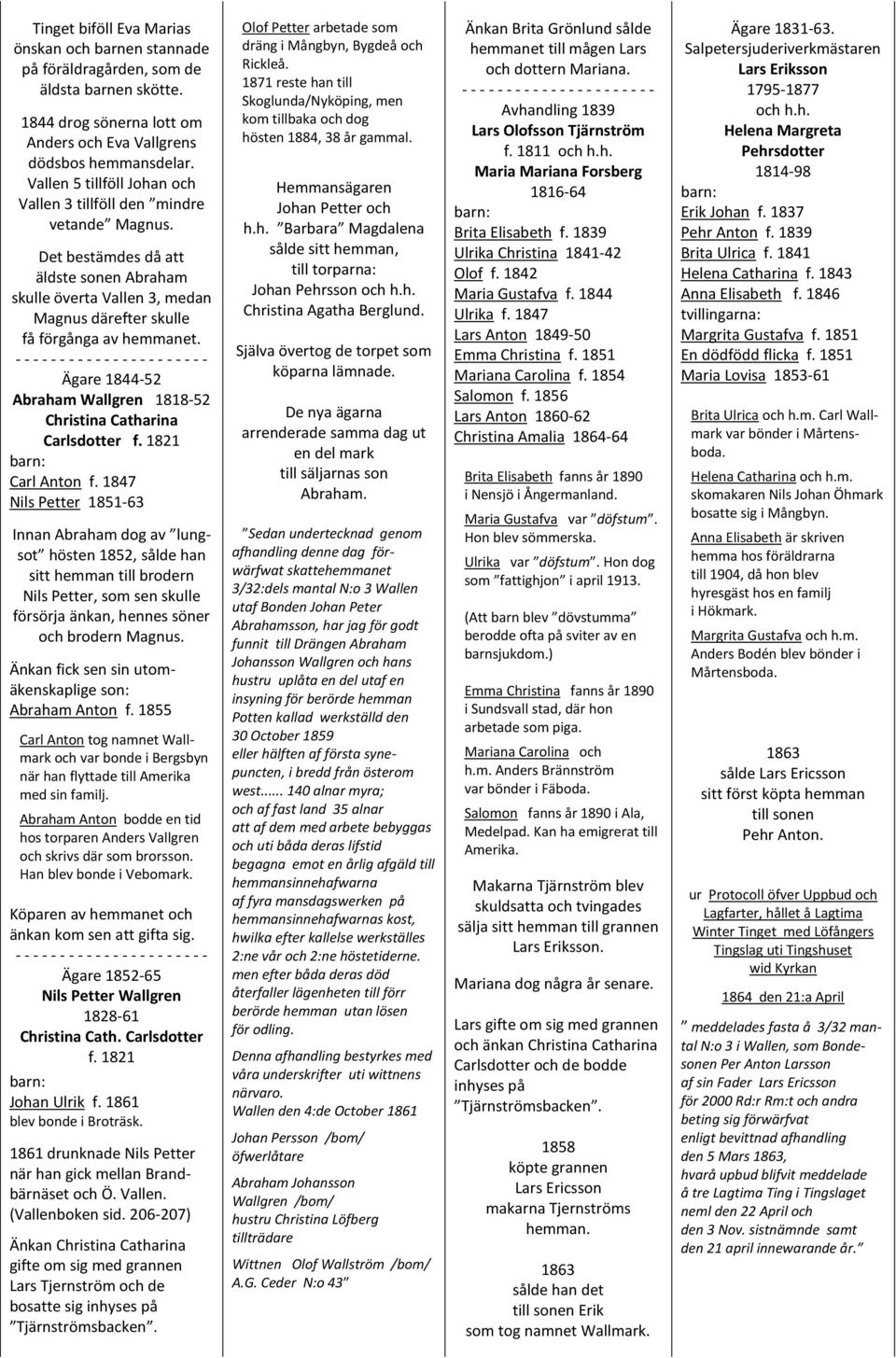 Ägare 1844-52 Abraham Wallgren 1818-52 Christina Catharina Carlsdotter f. 1821 Carl Anton f.