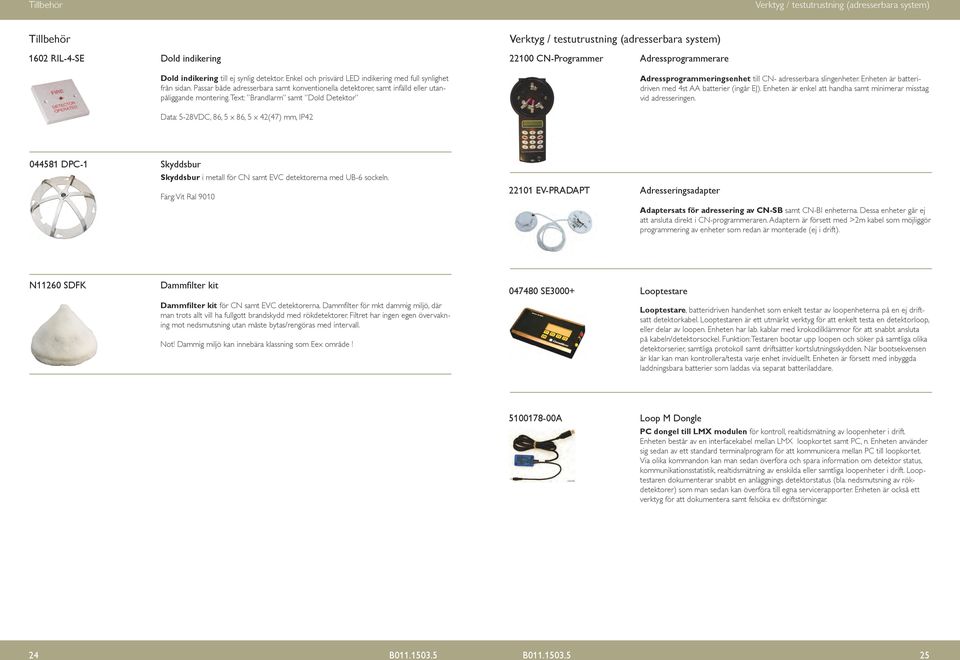 Text: Brandlarm samt Dold Detektor Adressprogrammeringsenhet till CN- adresserbara slingenheter. Enheten är batteridriven med 4st AA batterier (ingår EJ).
