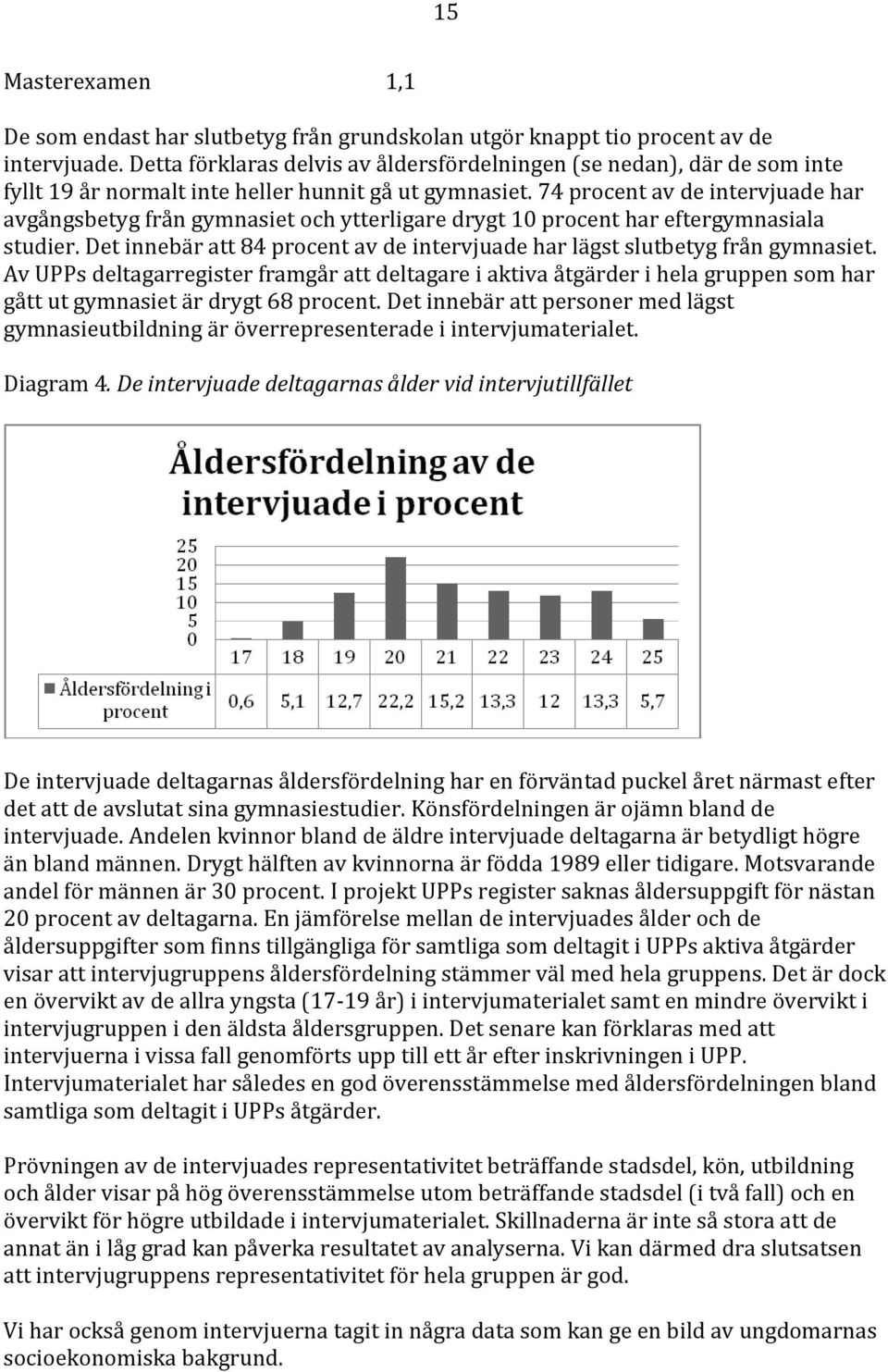 74 procent av de intervjuade har avgångsbetyg från gymnasiet och ytterligare drygt 10 procent har eftergymnasiala studier.