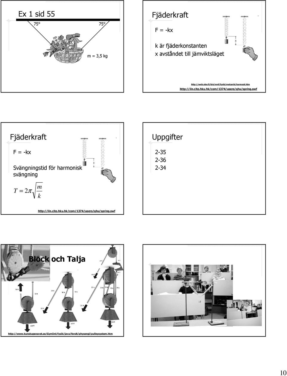 swf jäderkrf = -k Sängningsid för hrmonisk sängning Uppgifer 2-35 2-36 2-34 T = 2π m k hp://iln.