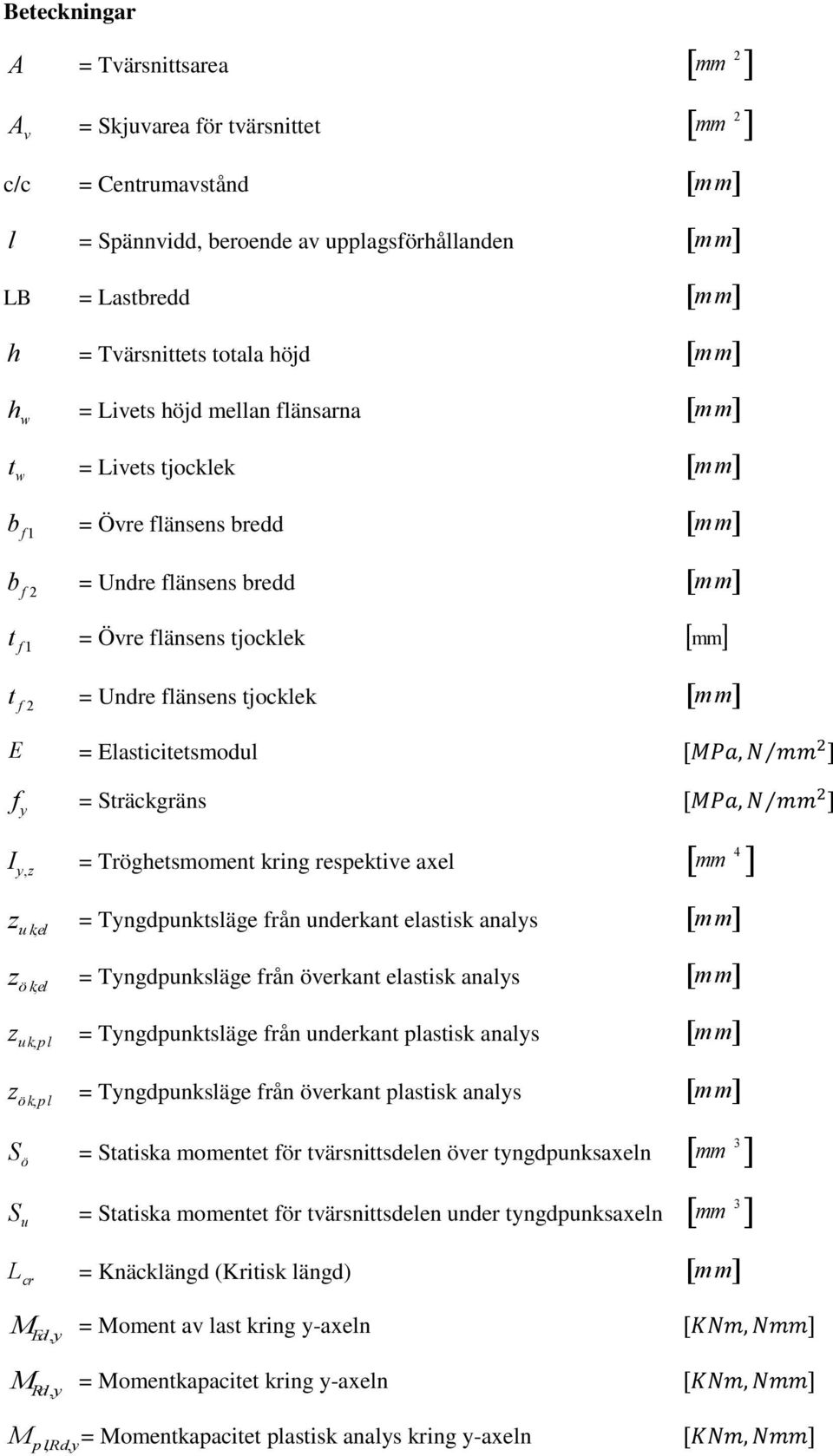 I y,z z uk,el z ök,el = Elasticitetsmodul = Sträckgräns = Tröghetsmoment kring respektive axel = Tyngdpunktsläge från underkant elastisk analys = Tyngdpunksläge från överkant elastisk analys mm 4 mm