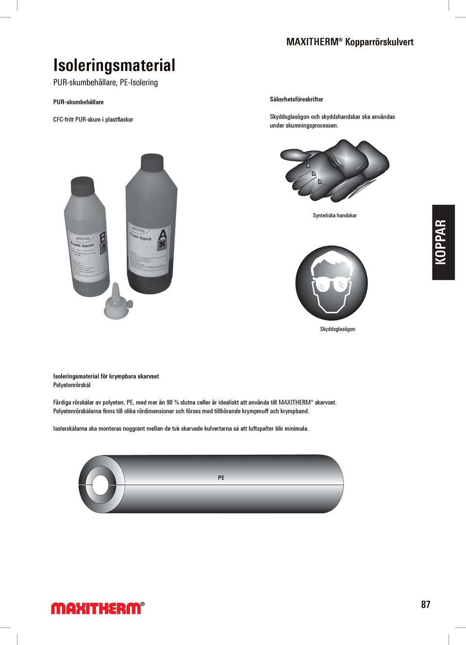 Syntetiska handskar KOPPAR Skyddsglasögon Isoleringsmaterial för krympbara skarvset Polyetenrörskål Färdiga rörskålar av polyeten, PE, med mer än 90 % slutna