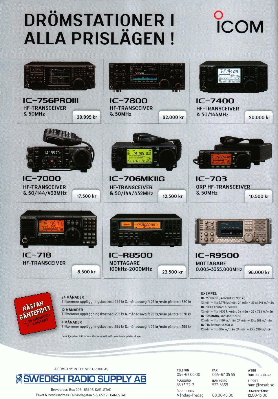000MHz A COMPANY IN THE VHF GROUP AS RSWEDISH RADIO SUPPLY AB PLUSGIRO BANKGIRO E-POST Brevadress: Box 208, 651 06 KARLSTAD Paket