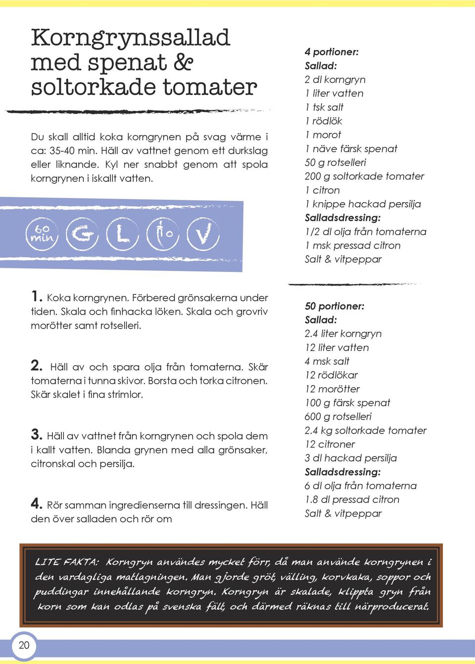60 min G L 0 V Sallad: 2 dl korngryn 1 liter vatten 1 tsk salt 1 rödlök 1 morot 1 näve färsk spenat 50 g rotselleri 200 g soltorkade tomater 1 citron 1 knippe hackad persilja Salladsdressing: 1/2 dl
