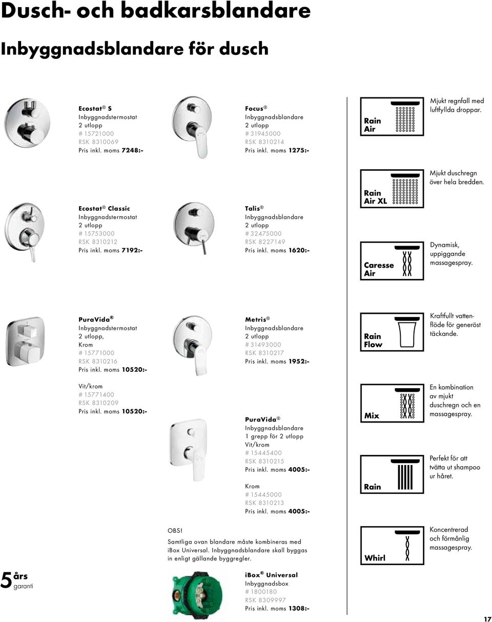 Ecostat Classic Inbyggnadstermostat 2 utlopp # 15753000 RSK 8310212 Pris inkl. moms 7192:- Talis Inbyggnadsblandare 2 utlopp # 32475000 RSK 8227149 Pris inkl.