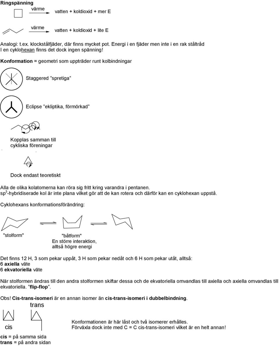 Konformation = geometri som uppträder runt kolbindningar Staggered spretiga Eclipse ekliptika, förmörkad Kopplas samman till cykliska föreningar Dock endast teoretiskt Alla de olika kolatomerna kan