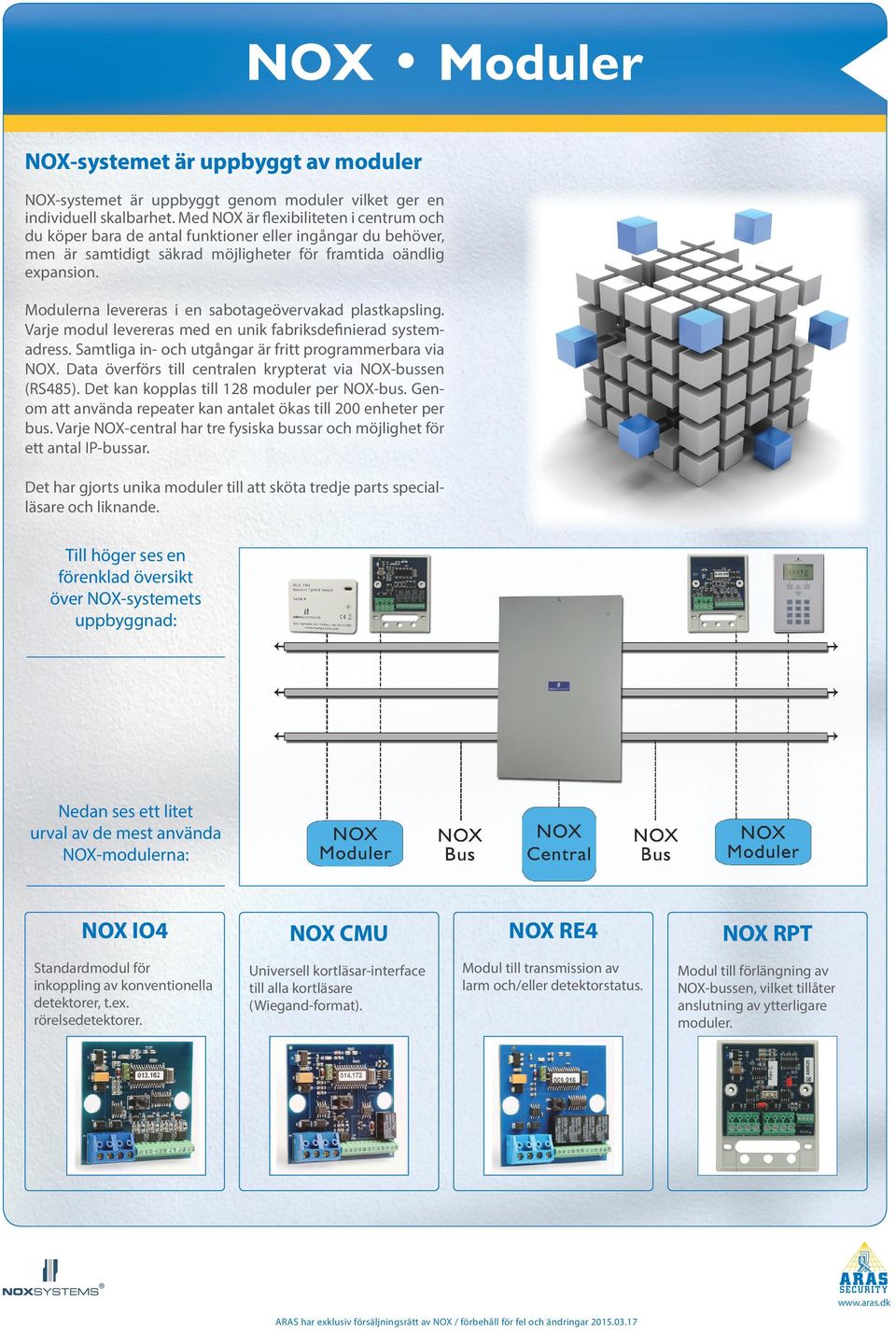 Modulerna levereras i en sabotageövervakad plastkapsling. Varje modul levereras med en unik fabriksdefinierad systemadress. Samtliga in- och utgångar är fritt programmerbara via NOX.